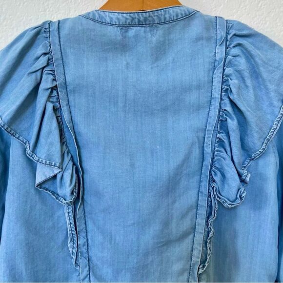 Boho Chambray Button Down Shirt Light Blue Denim with Ruffle Trim, PAIGE size XS - Picture 5 of 7
